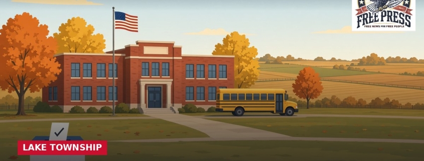 Fostoria News Fostoria school building with American flag and school bus in fall setting.